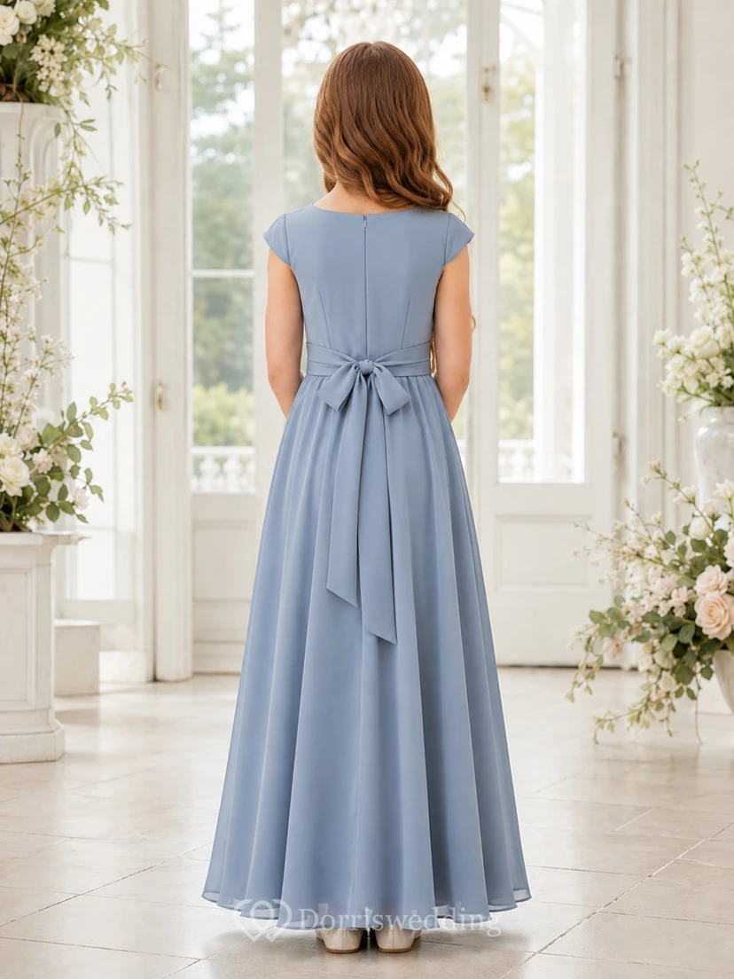 Blumenmädchenkleid, stahlblau, Chiffon, A-Linie, Rundhalsausschnitt, Teelänge view 2