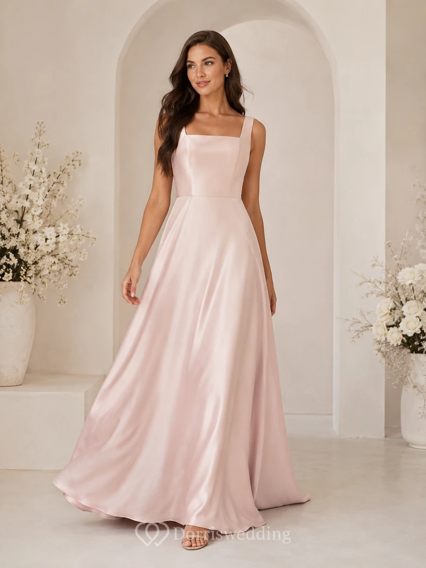 Robe de mariée simple en satin rose poudré, col carré et bretelles carrées, coupe trapèze.