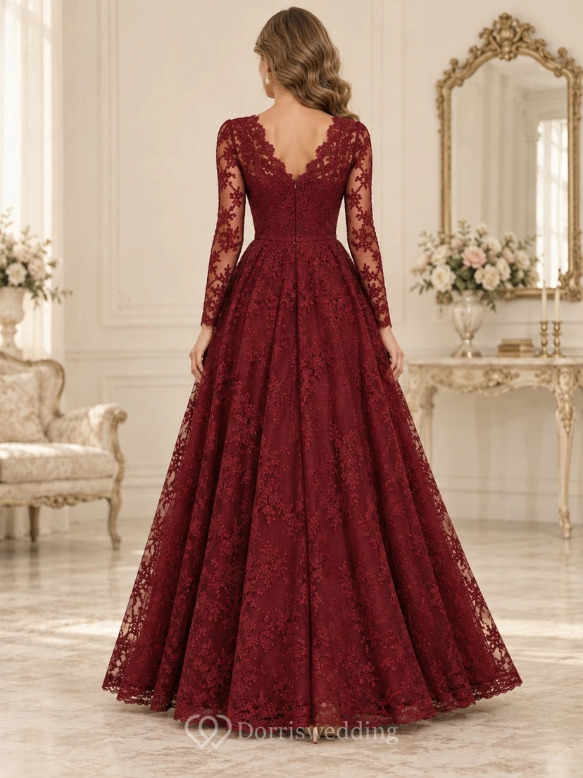 Vintage-Abendkleid in A-Linie, langärmelig, burgunderrot, V-Ausschnitt, mit floraler Spitze view 2