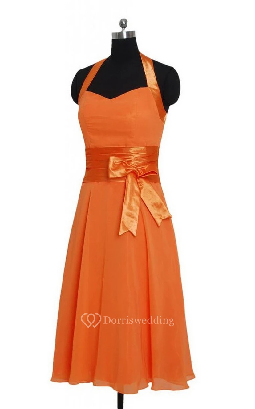 Tea-length Halter A-line Dress With Bow and Band view 2