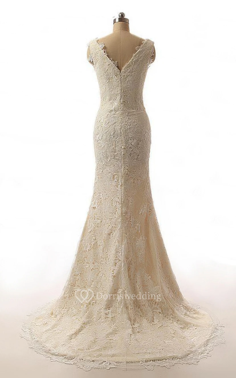 Mermaid Cap Sleeve Sweep Train Lace Weddig Dress view 2