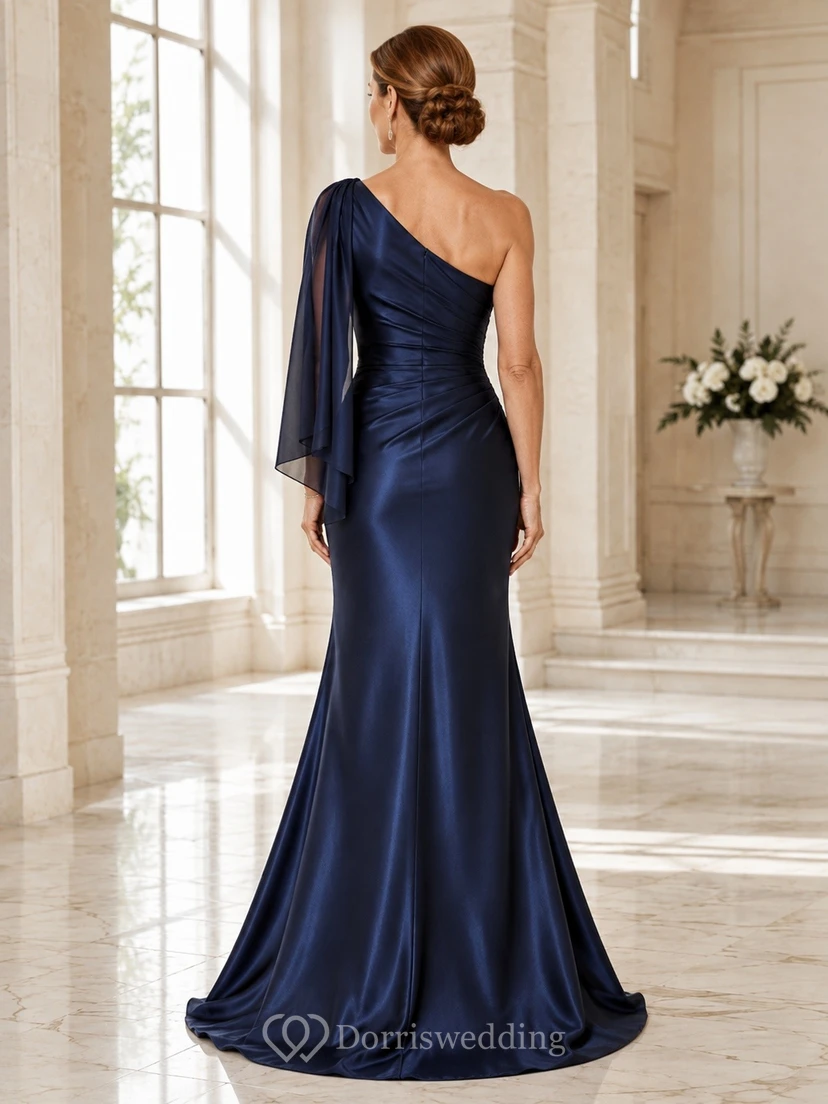 Dark Navy One-Shoulder Satin Mermaid Sweep Train Dress view 2