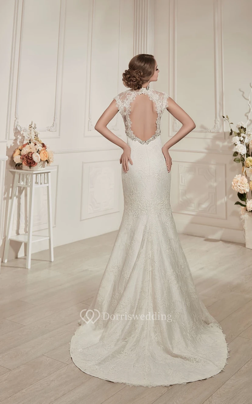 Sheath Maxi V-Neck Cap-Sleeve Keyhole Lace Dress With Beading view 2
