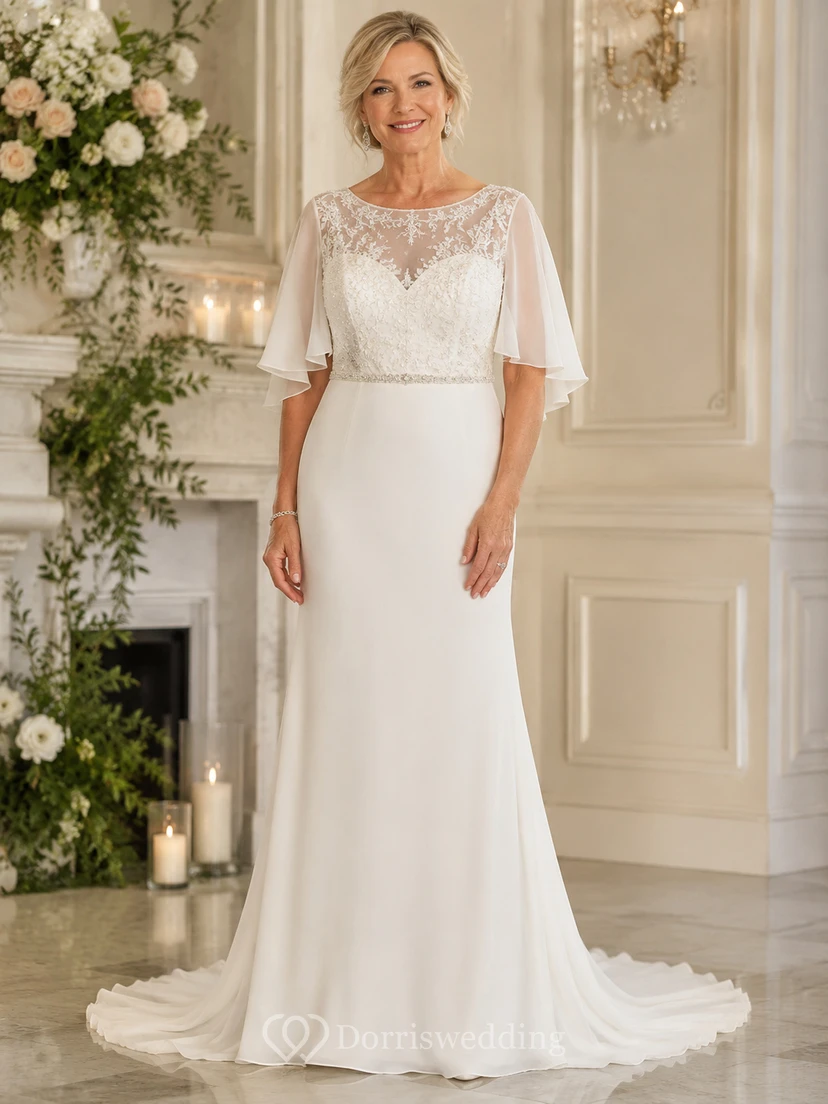 Robe de mariée fourreau à manches papillon pour mariées plus âgées, avec corsage illusion en dentelle