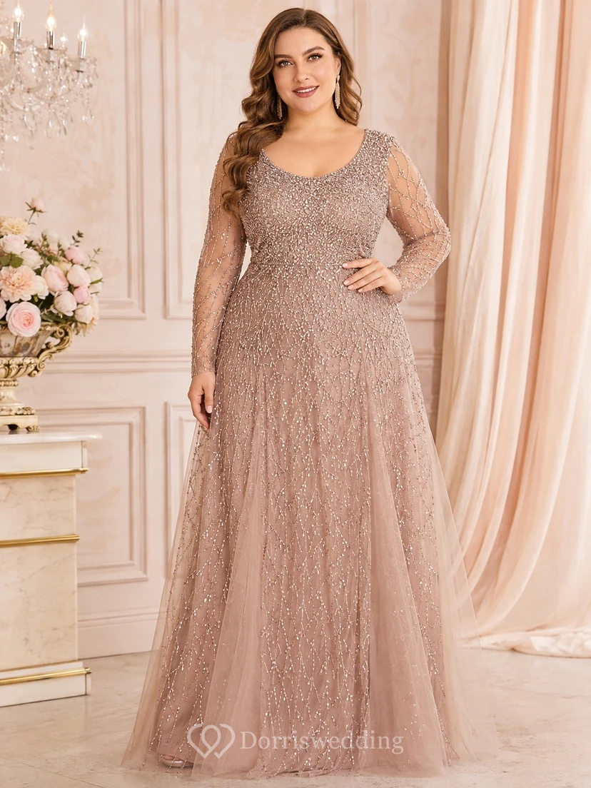 Taupe V-Neck Short Sleeve Chiffon Plus Size Evening Gown