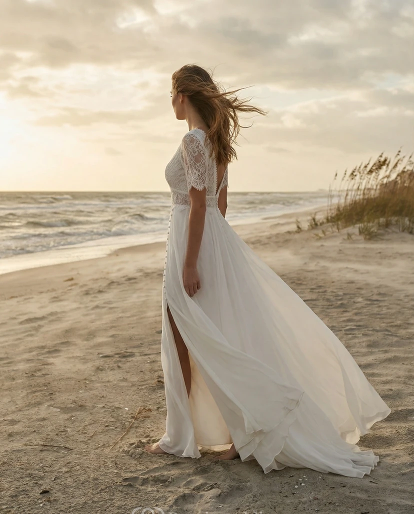 Casual Boho V-Neck Lace Wedding Dress - Short Sleeve Chiffon Bridal Gown with Button Detail and Slit view 2