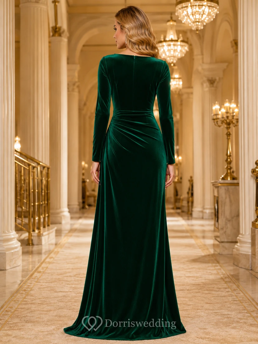Emerald velvet long sleeve mermaid musical theater gown view 2