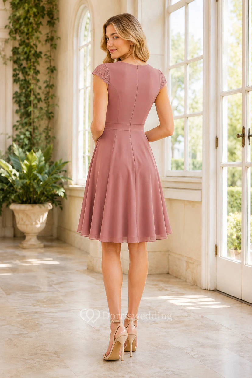 Dusty Rose Cap Sleeve Knee-Length A-Line Guest Dress with Soft Pleated Skirt view 2