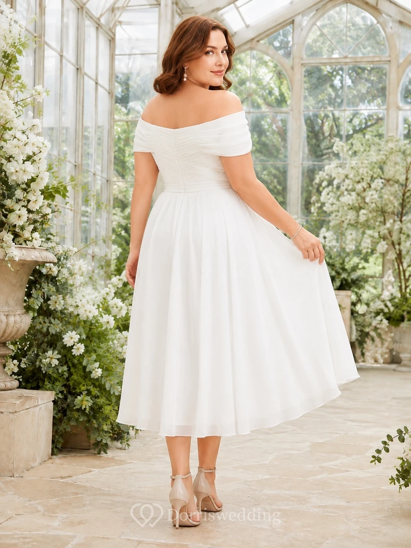 Plus Size White Off Shoulder Short Sleeve A Line Midi Dress view 2