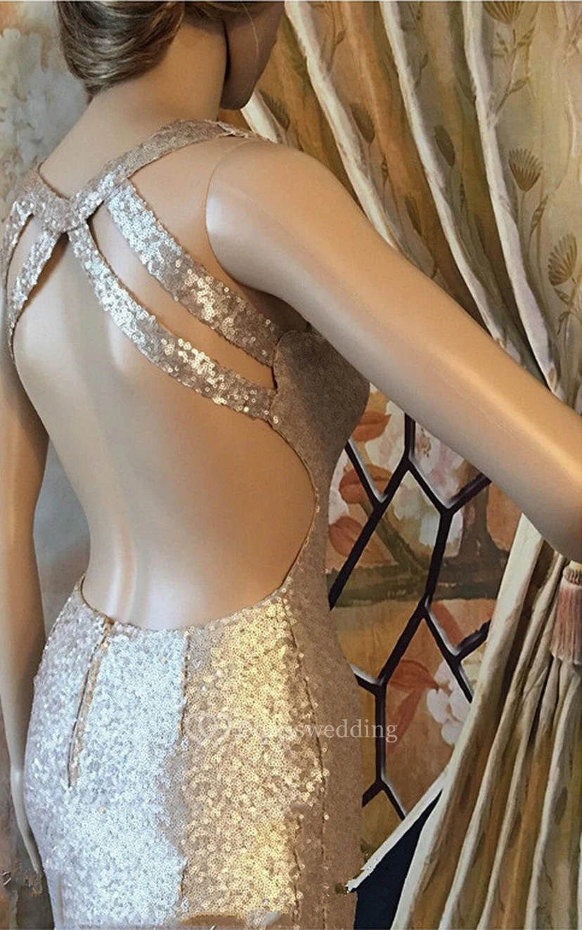 V-neck Form Fitted Sequined Dress With Open Back view 2