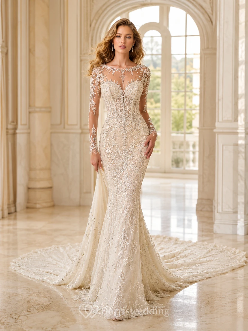 Robe de mariée sirène en dentelle à décolleté plongeant en V et manches illusion longues, coupe cathédrale, en dentelle