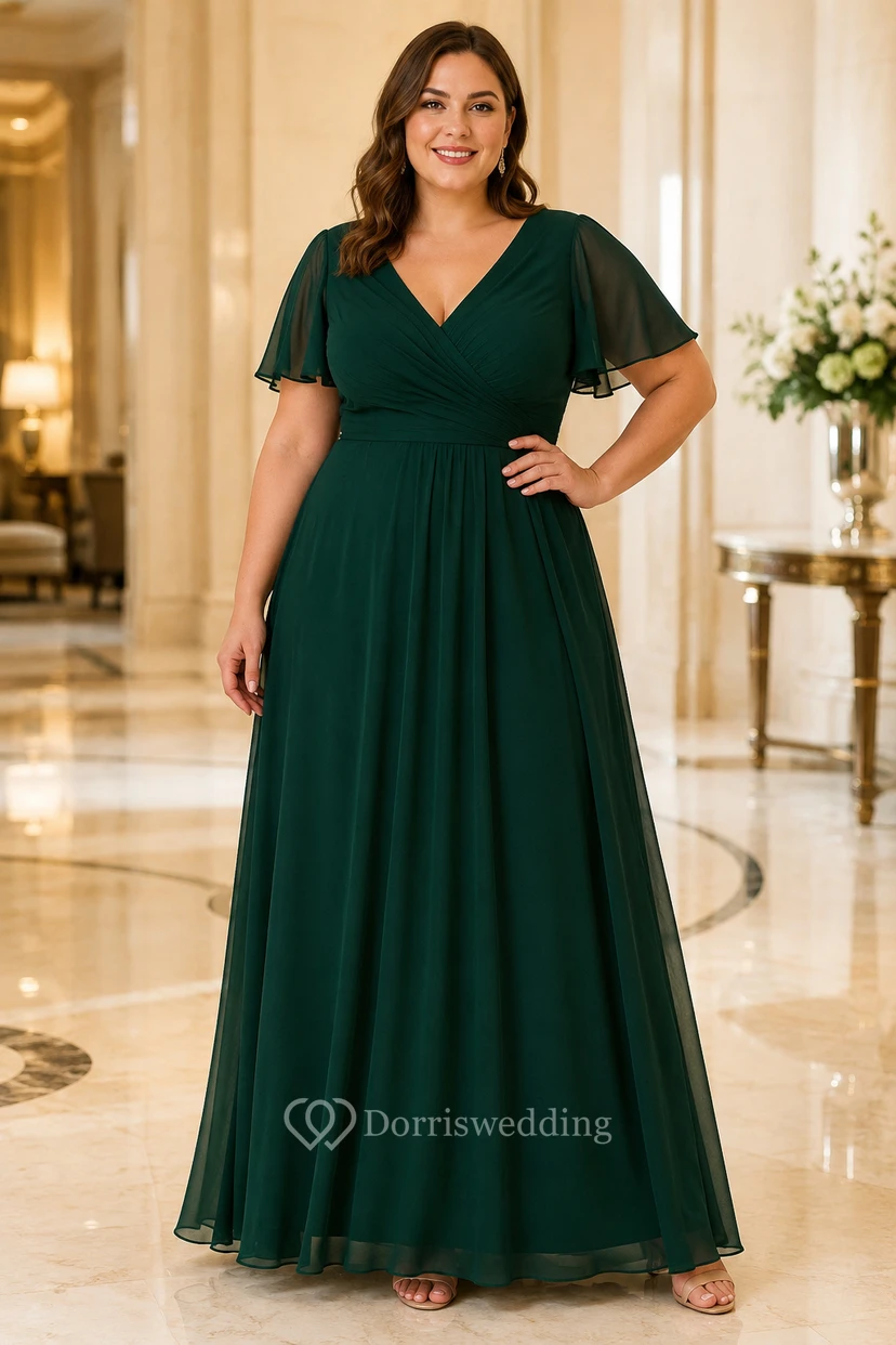 Dunkelgrünes Chiffonkleid in A-Linie mit V-Ausschnitt und kurzen, flatternden Ärmeln in großen Größen