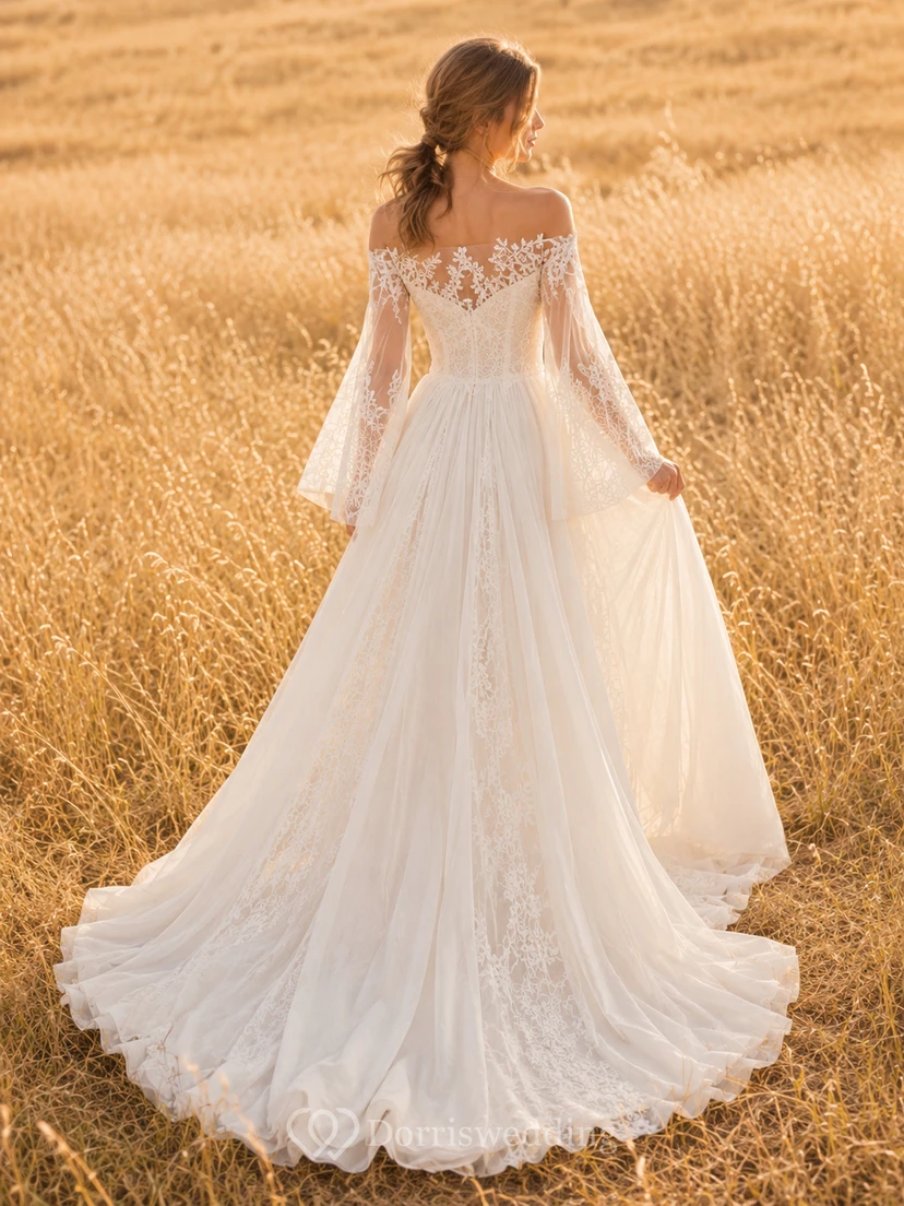 Schulterfreies Brautkleid mit Illusionsspitze und A-Linien-Muster view 2