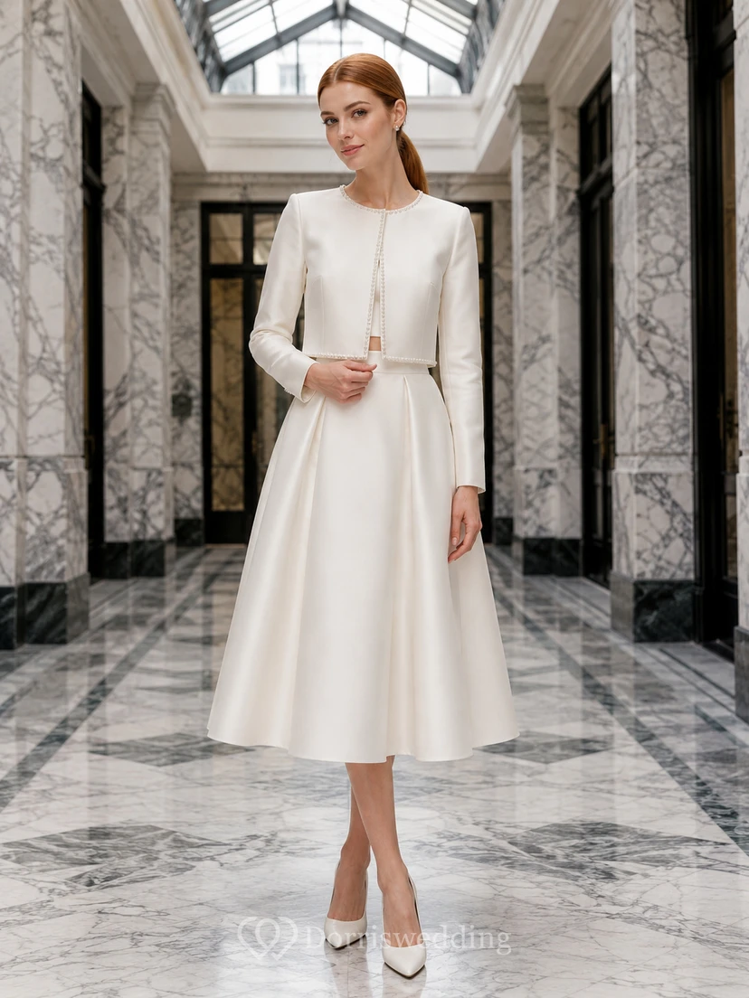 Long Sleeve Jacket A-Line Midi Civil Bridal Suit