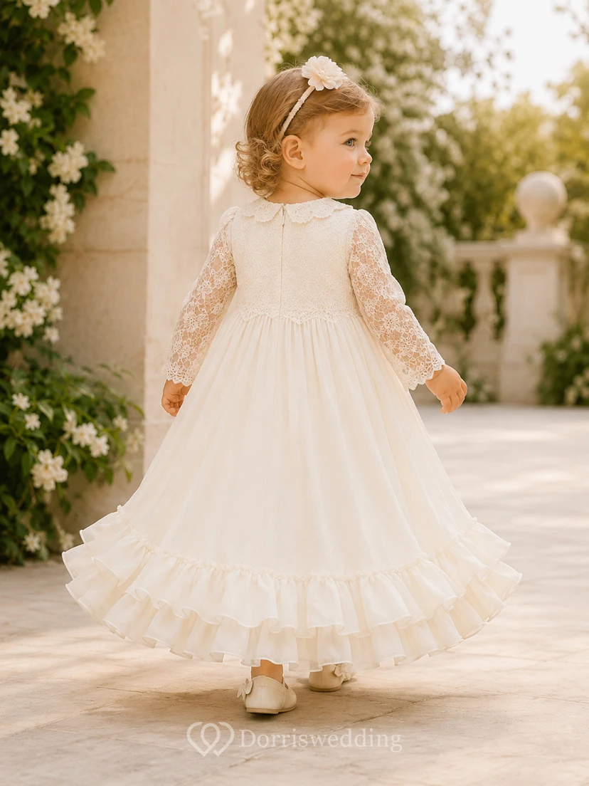 Baby-Taufkleid mit Rüschensaum, A-Linie, langen Spitzenärmeln und Teelänge, schlicht view 2