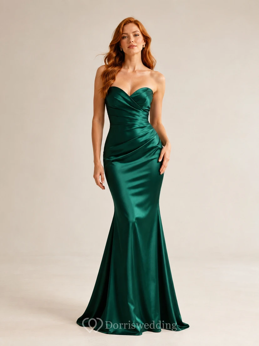 Robe de bal sirène en satin émeraude, bustier cœur, sans bretelles, longueur au sol
