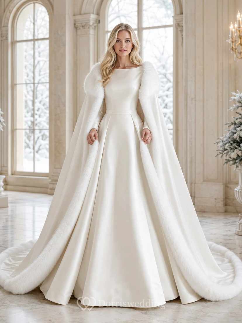 Vestido de novia formal modesto de manga larga y cuello alto, corte en A.
