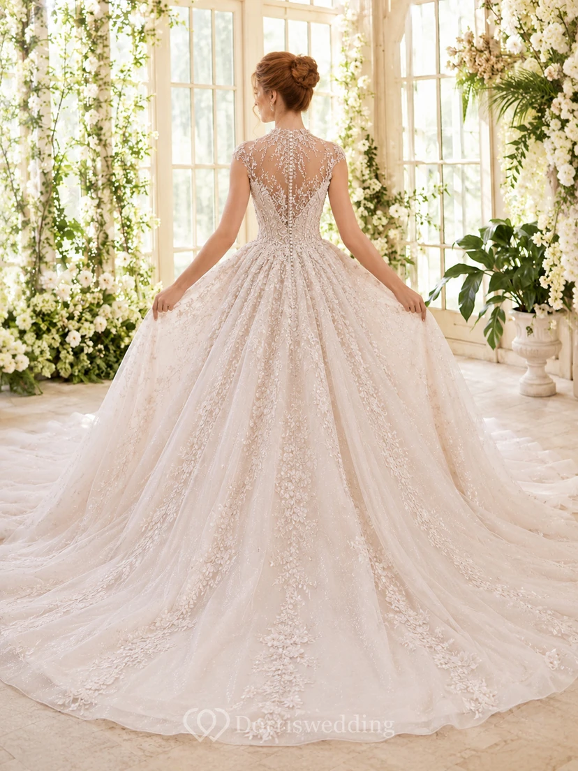 Robe de mariée de bal en dentelle illusion à col montant et traîne chapelle ornée de perles view 2