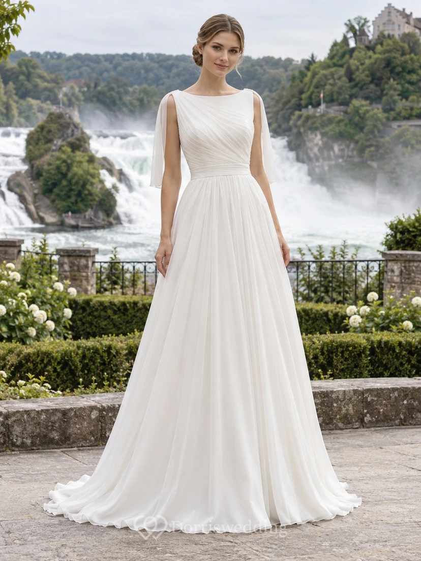 Vestido de novia romántico de corte A en gasa satinada con escote barco, sin mangas y cola fruncida