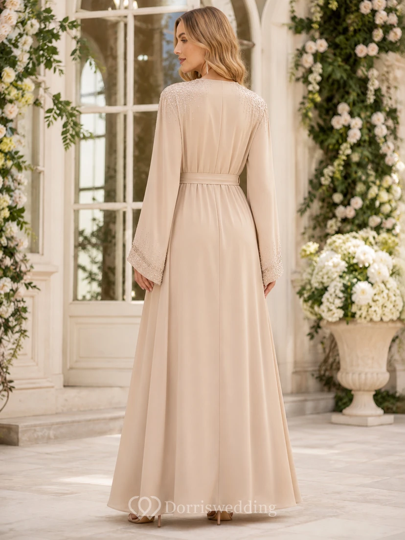 Champagne Chiffon Abaya A Line Floor Length Jewel Long Sleeve Sash Dress view 2