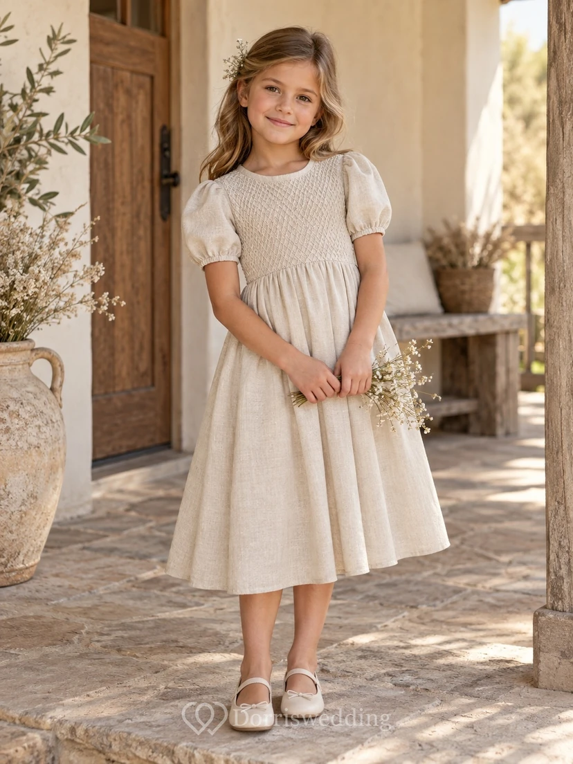 Simple Country Tea-length Cream Jewel Neck Smocked Puff Sleeve Linen Flower Girl Dress