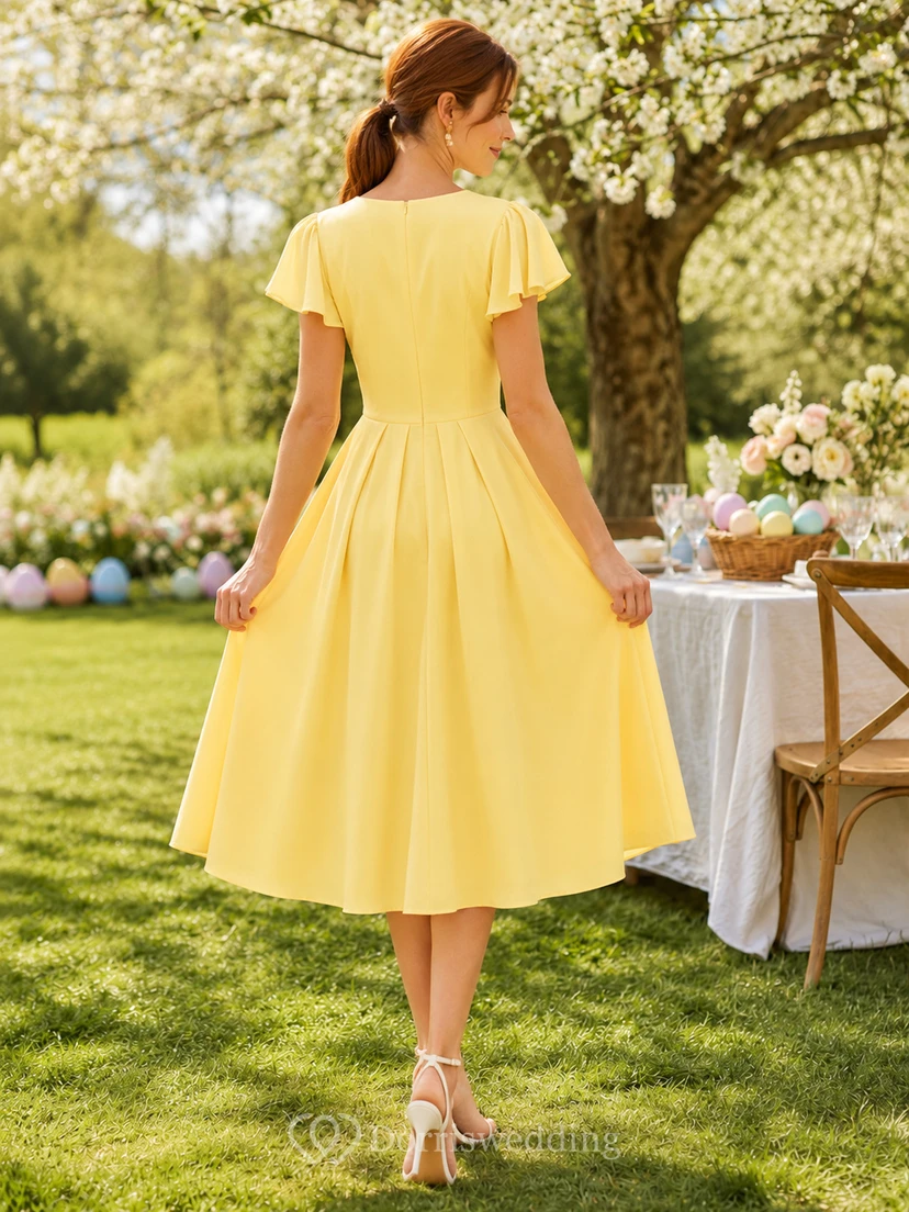 Pastel Yellow Flutter Sleeve V Neck A Line Midi Dress view 2