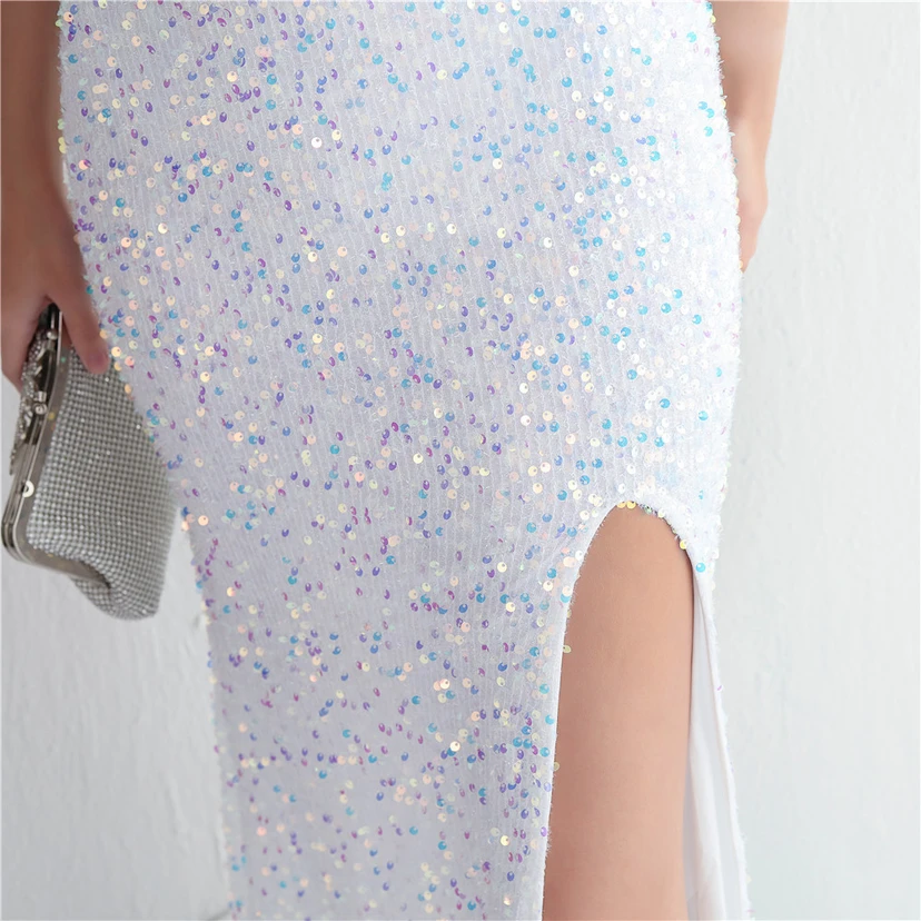 Heavy-Duty Glass Bead Craft Beaded Banquet Evening Dress Temperament Elegant Long Halter Neck Slit Sequins view 20