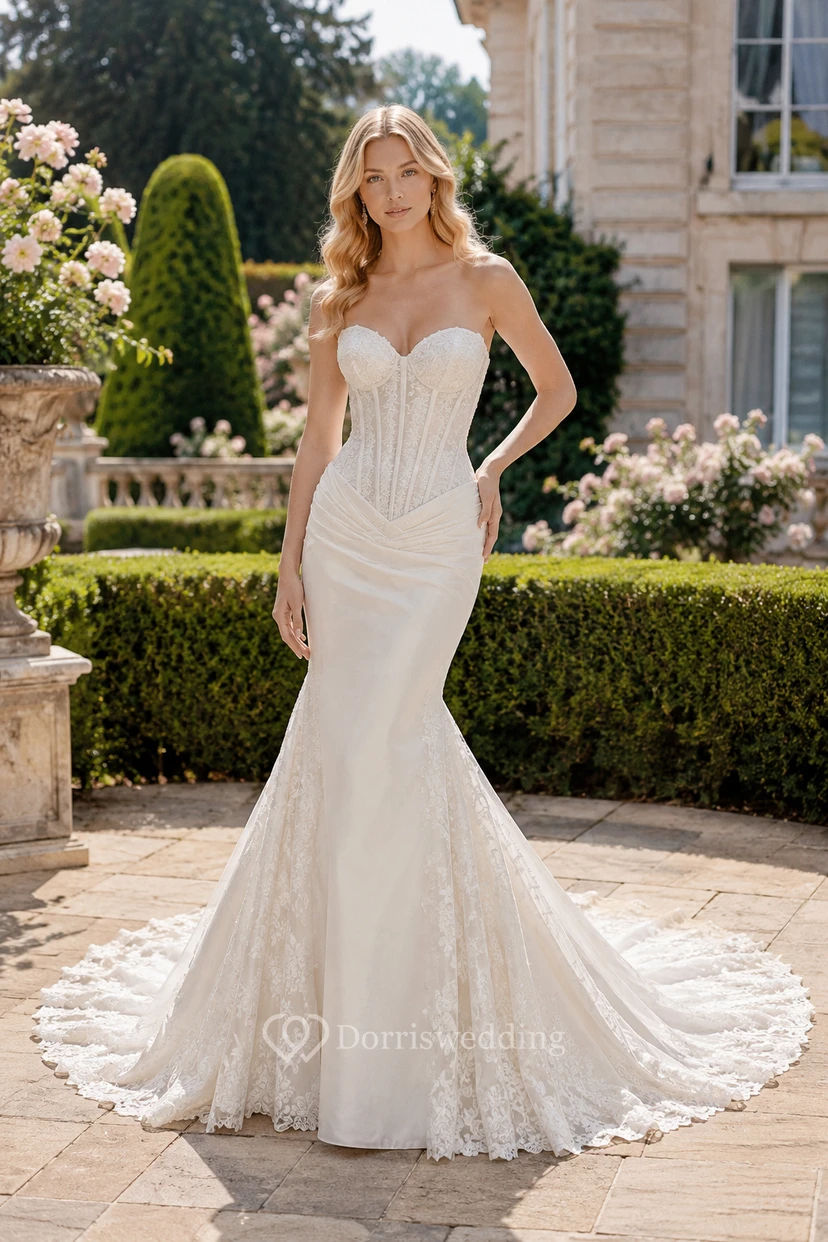 Brautkleid aus Spitze und Tüll im Meerjungfrauenstil, trägerlos, mit Herzausschnitt und Schleppe