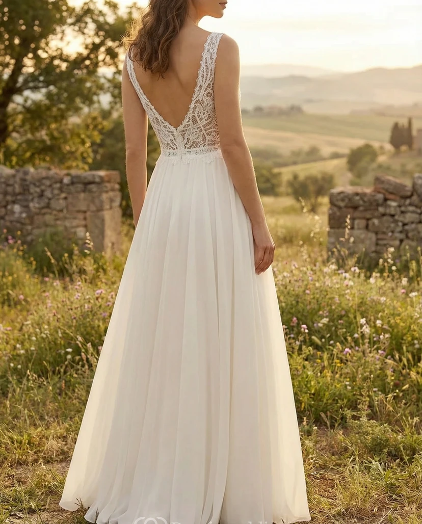 Robe de mariée bohème en mousseline, coupe trapèze, col en V, corsage en dentelle, sans manches view 2