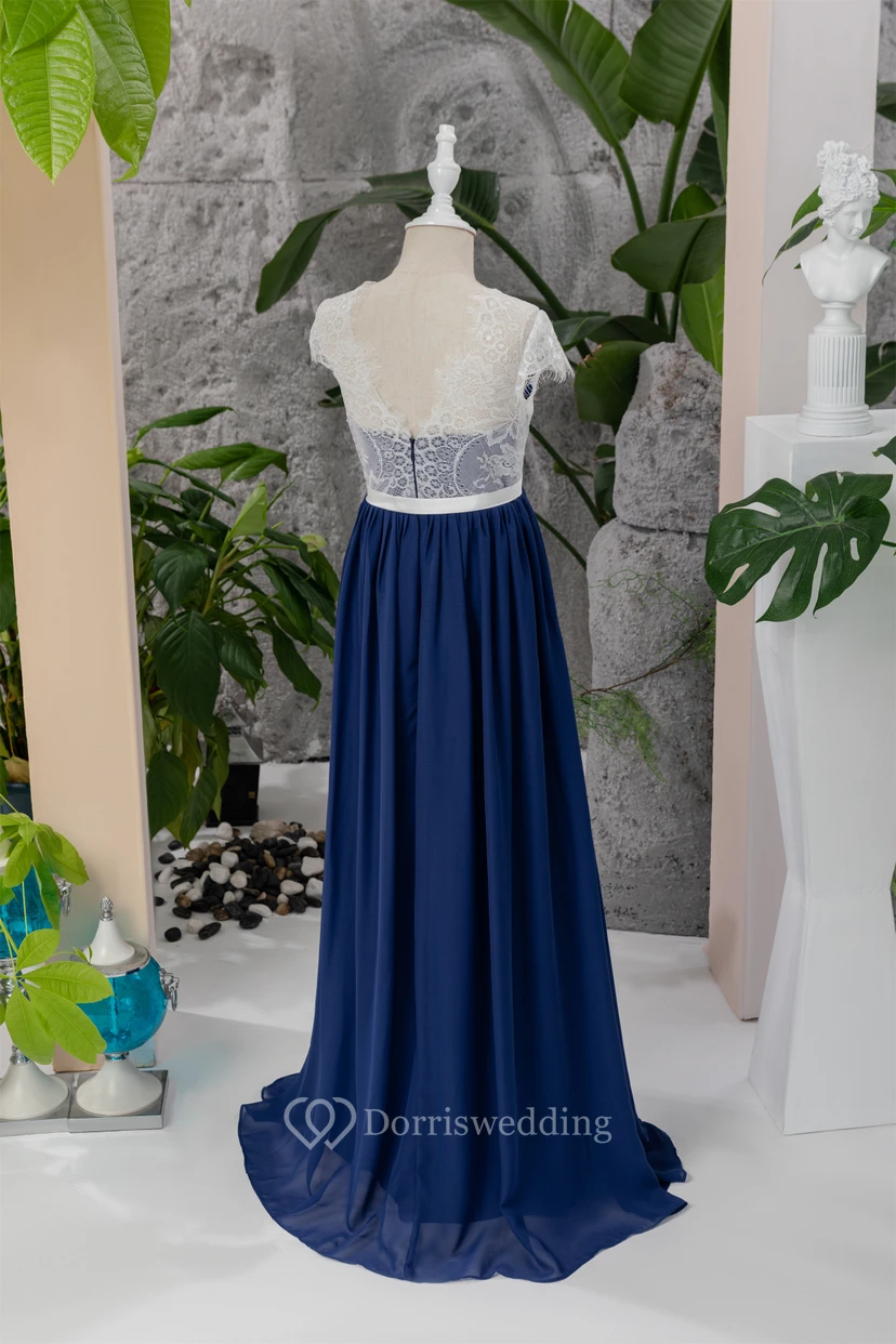 Lace Scoop-neck Cap Two-Tone Dark Blue Flowergirl Dress view 10