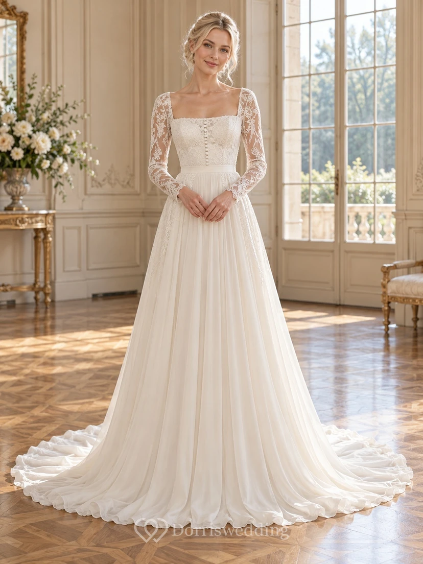 Square Neck Long Sleeve Lace Chiffon A-line Wedding Dress