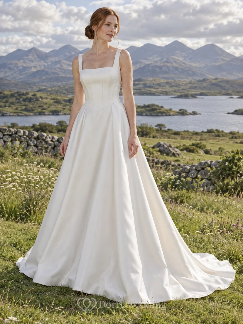 Vestido de novia sencillo de satén de algodón con escote cuadrado, corte en A, sin mangas y cola.