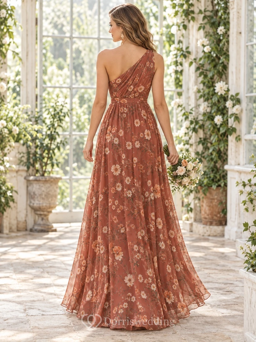 Brautjungfernkleid aus Chiffon in Papaya-Terracotta-Blumenmuster mit One-Shoulder-Ausschnitt und Drapierung, bodenlang view 2