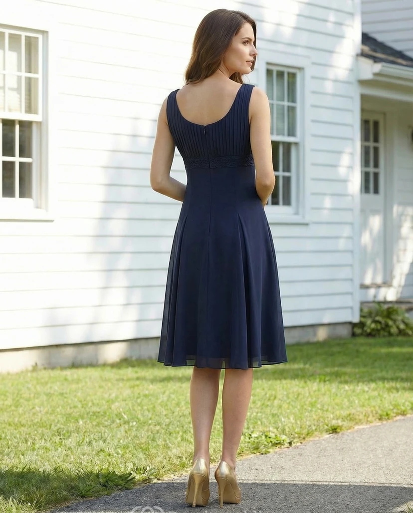 Knielanges Chiffonkleid mit tiefem Ausschnitt und Falten view 2