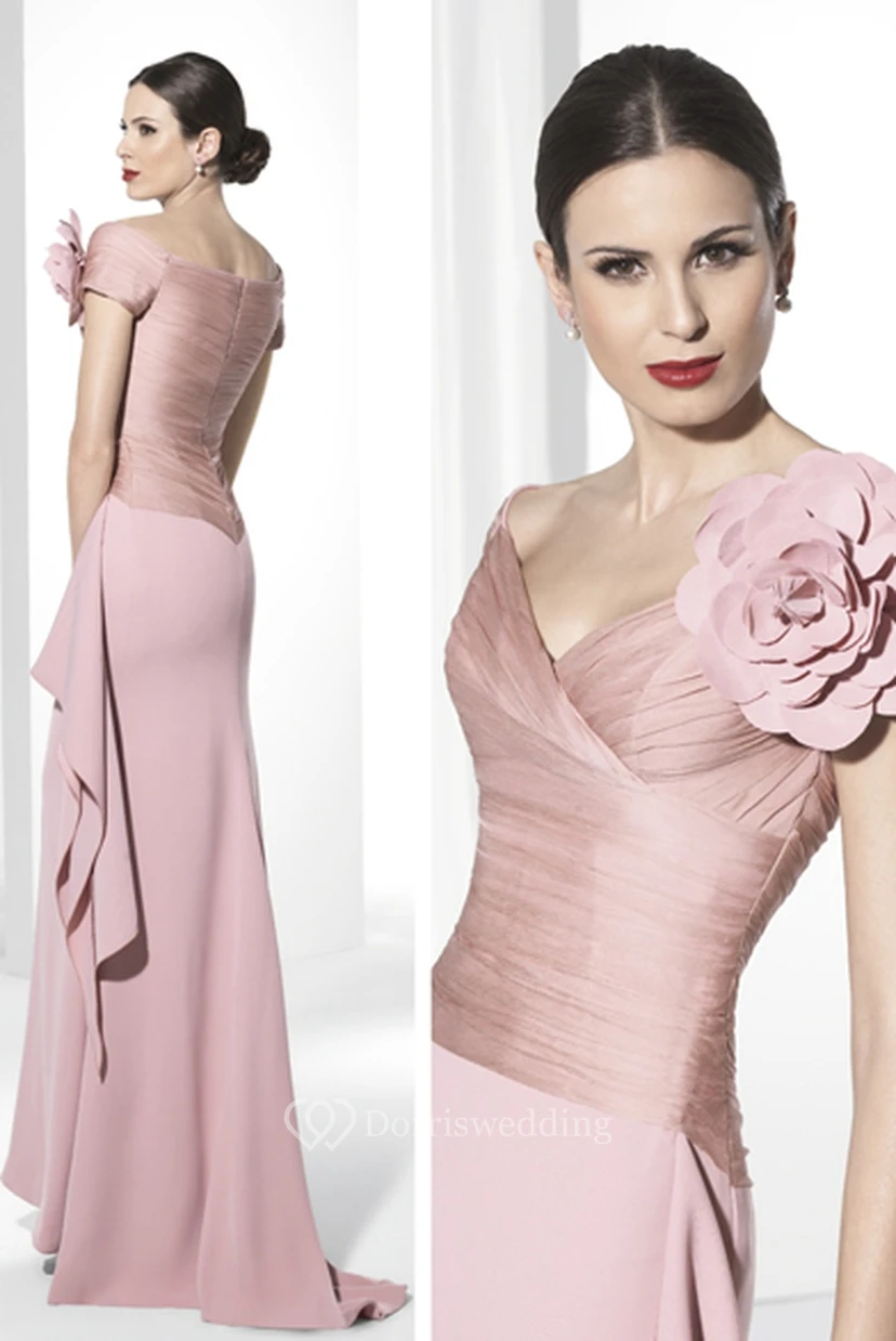 Sheath Ruched Short-Sleeve Floor-Length V-Neck Prom Dress With Flower And Draping view 2