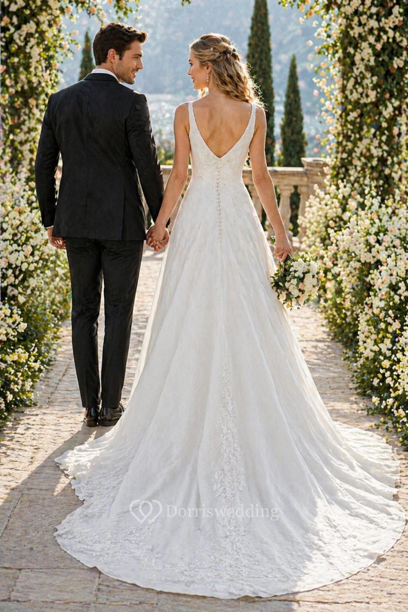 Robe de mariée trapèze à col en V, ornée d'appliqués de dentelle, en mousseline de soie, avec corsage froncé et traîne. view 2