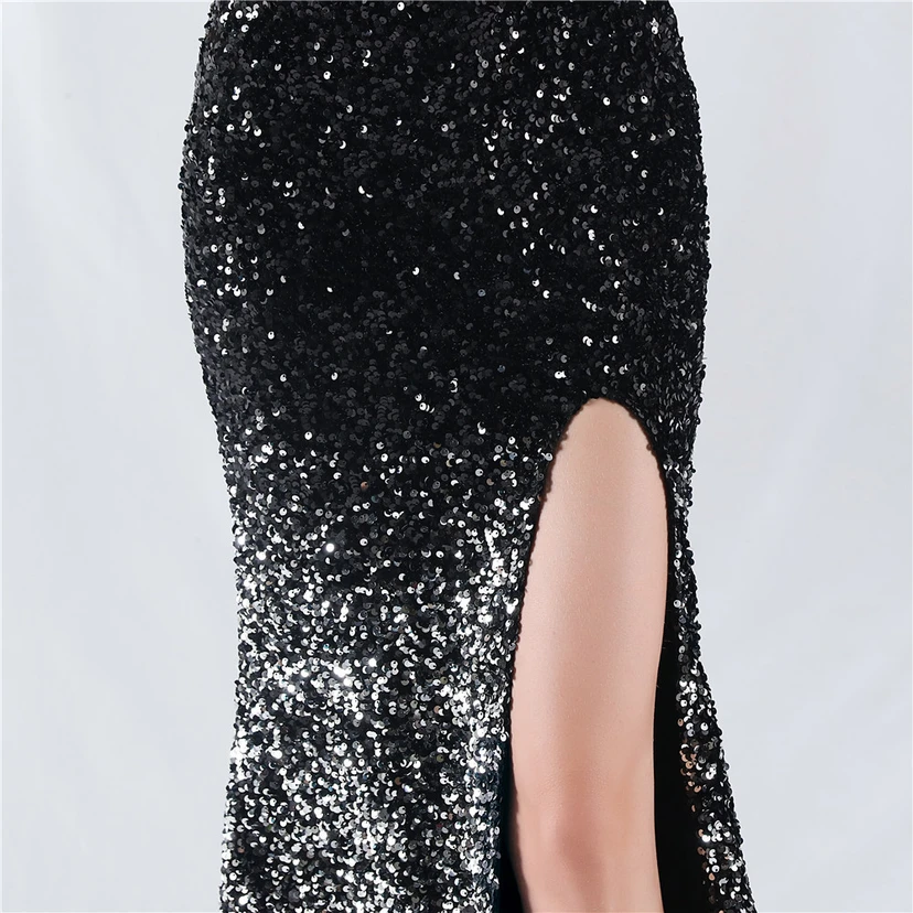 Sexy Abendkleid mit Samtsaum, Farbverlauf, Pailletten, hohem Schlitz und schräger Schulterpartie view 49