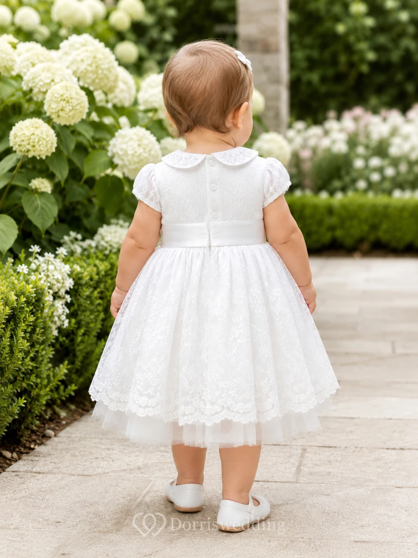 Collared Baptism Dress A-Line Cotton Lace Short Sleeve Knee-Length Scalloped Hem view 2