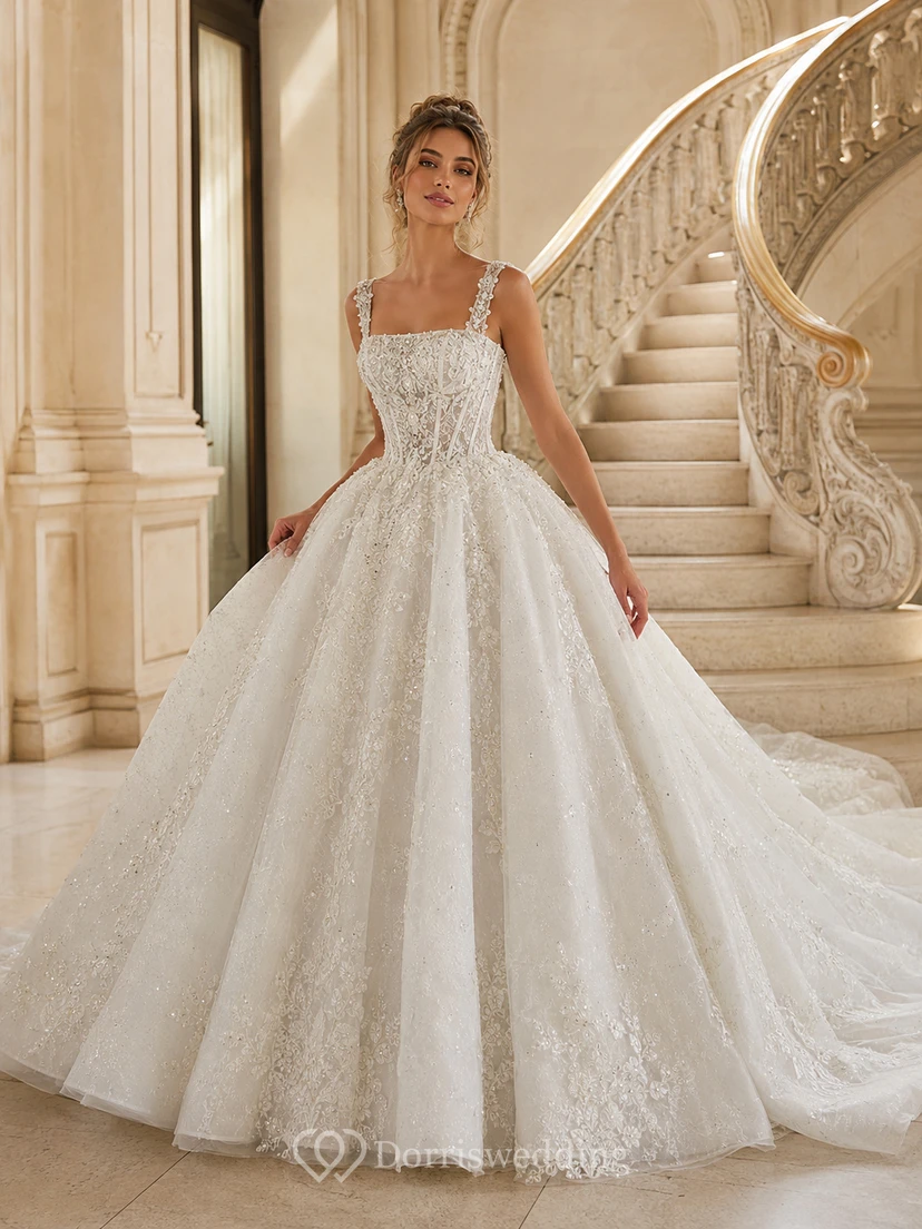 Robe de bal en dentelle florale à encolure carrée et bretelles, robe de mariée de luxe avec traîne chapelle