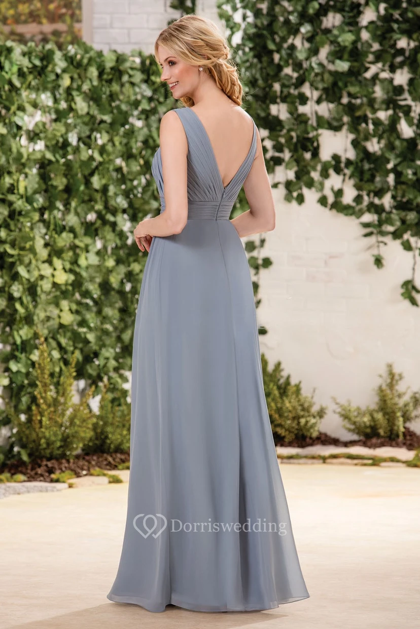 Ärmelloses A-Linien-Brautjungfernkleid aus Chiffon mit Falten und tiefem V-Ausschnitt am Rücken view 2