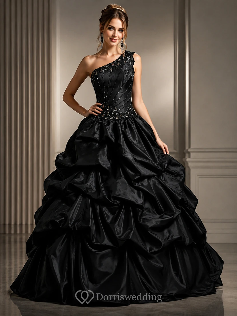 One-shoulder Ballgown With Ruffles and Beadings