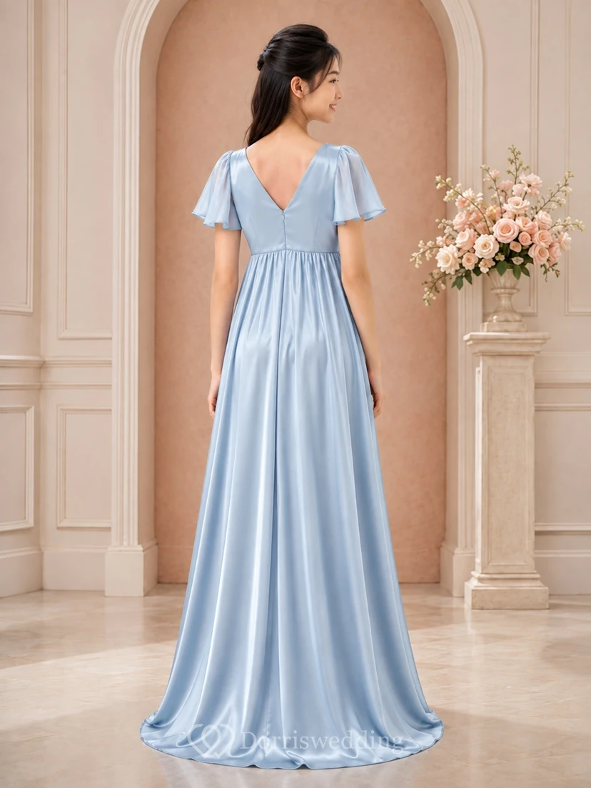 Himmelblaues Brautjungfernkleid für junge Damen, A-Linie, bodenlang, V-Ausschnitt, kurze Ärmel, verspielte Details, romantisch view 2