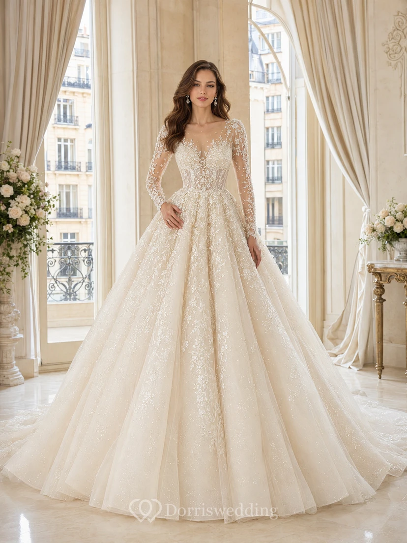 Robe de bal charmante en dentelle et tulle, col en V, manches longues, traîne cathédrale, applications florales, robe de mariée de style champêtre