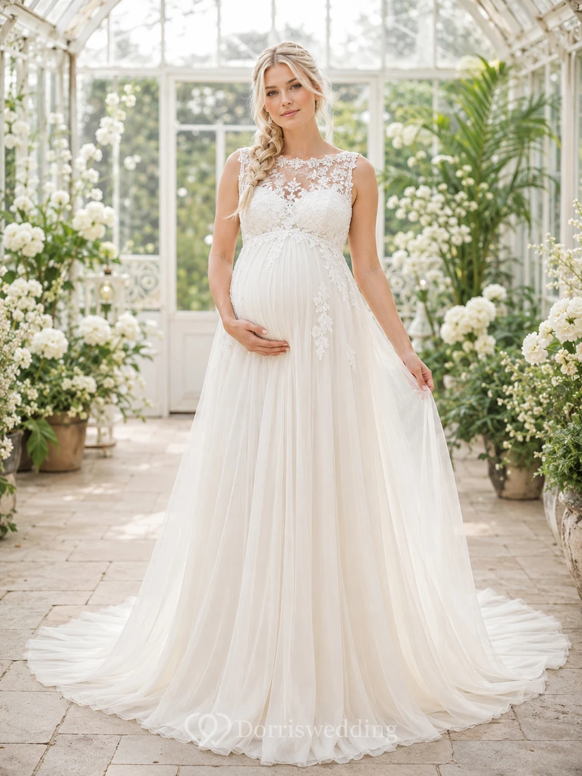 Umstands-Hochzeitskleid mit hohem Kragen, Spitzenoberteil, Empire-Schnitt und A-Linie