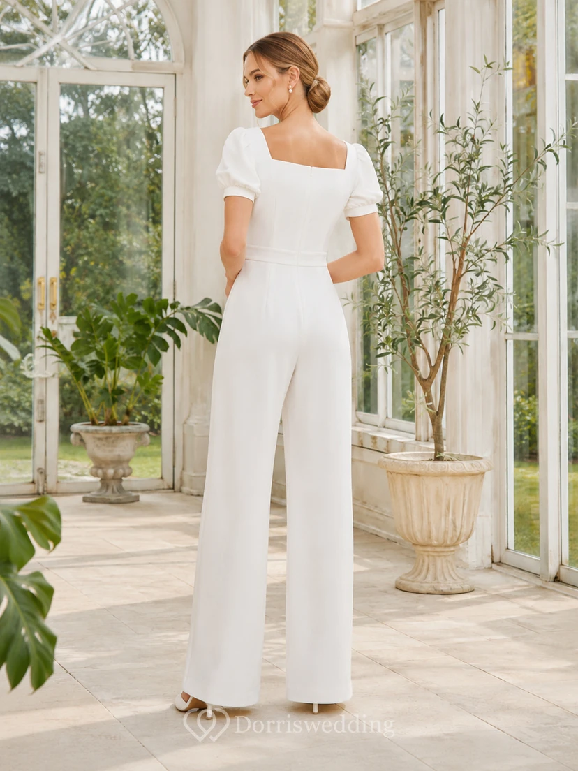 Modern Square Neck Short Puff Sleeve Wide Leg Courthouse Wedding Jumpsuit view 2