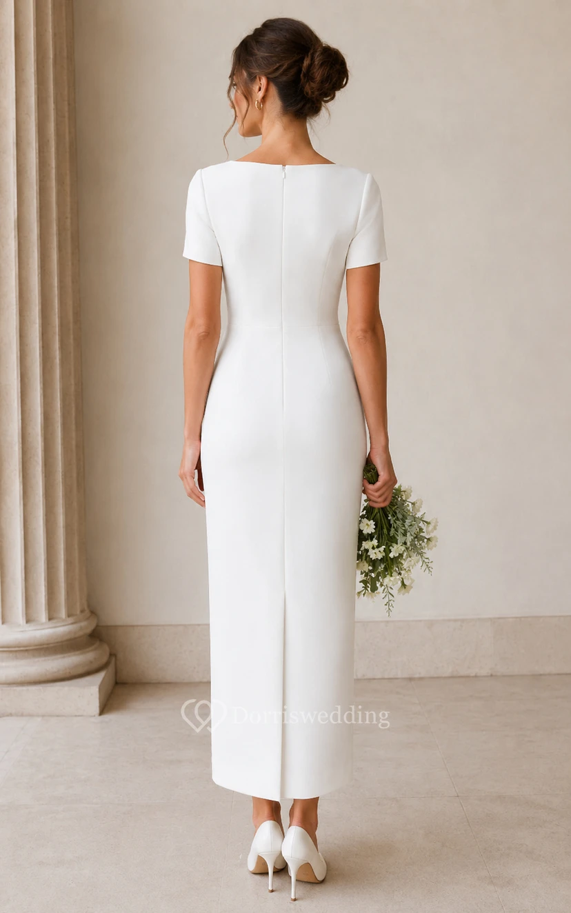White Short Sleeve Sheath Ankle Wedding Dress view 2