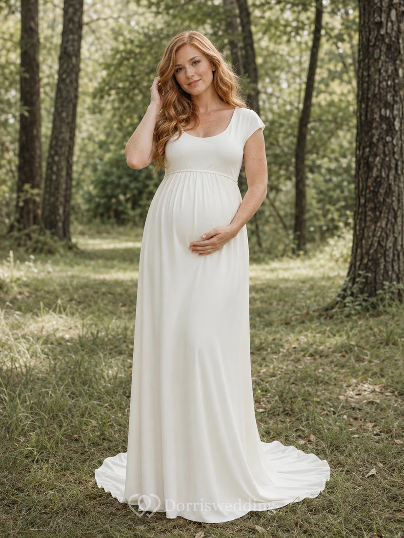 Vestido de novia sencillo de maternidad con escote redondo y mangas cortas, estilo bosque.