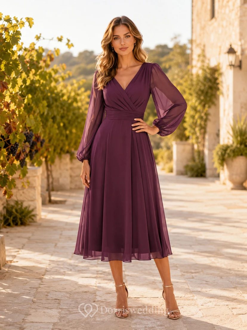 Plum V Neck Poet Sleeve Chiffon Tea Length Guest Dress