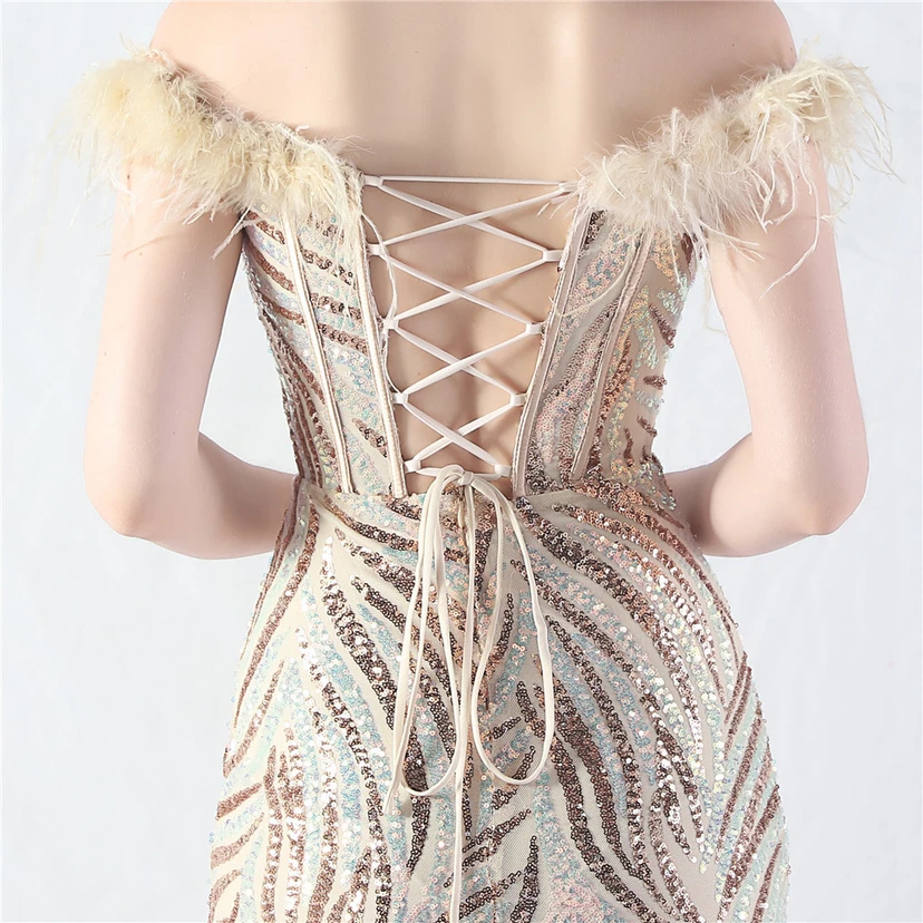 Robe de soirée haut de gamme à sequins, ornée d'un gilet à taille en arêtes de poisson et de plumes d'autruche. view 7
