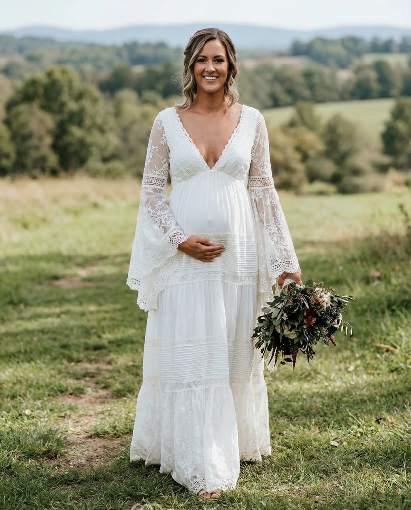 Boho Bell Sleeve Maternity Wedding Dress with Deep V-Neck and Tiered Lace Skirt